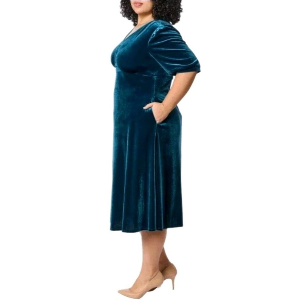 Briggs New York Women's XL Holiday Velvet Midi Dress Vneck Stretch Teal Blue - Picture 2 of 13